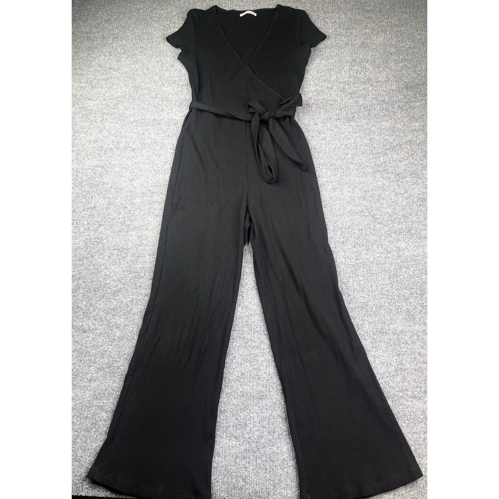 Reformation Jumpsuit Womens Large Black Ribbed Wrap Short Sleeve Wide Leg Belted